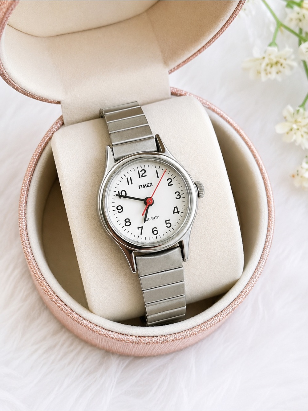 Timex Silver Watch with White Dial and Red Second Hand